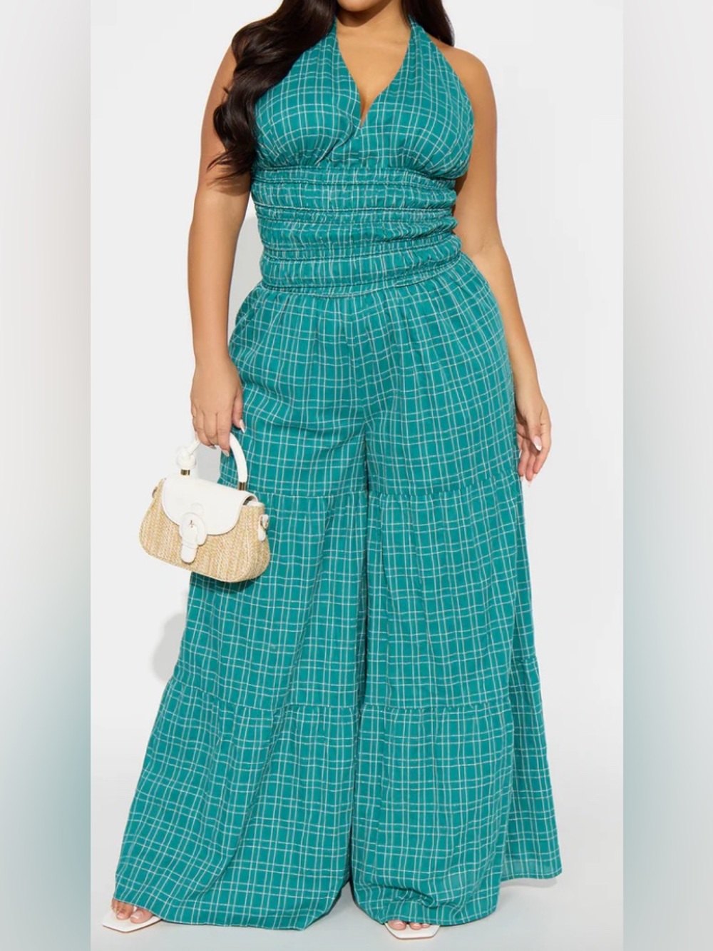 Teal Plaid Wide-Leg Jumpsuit